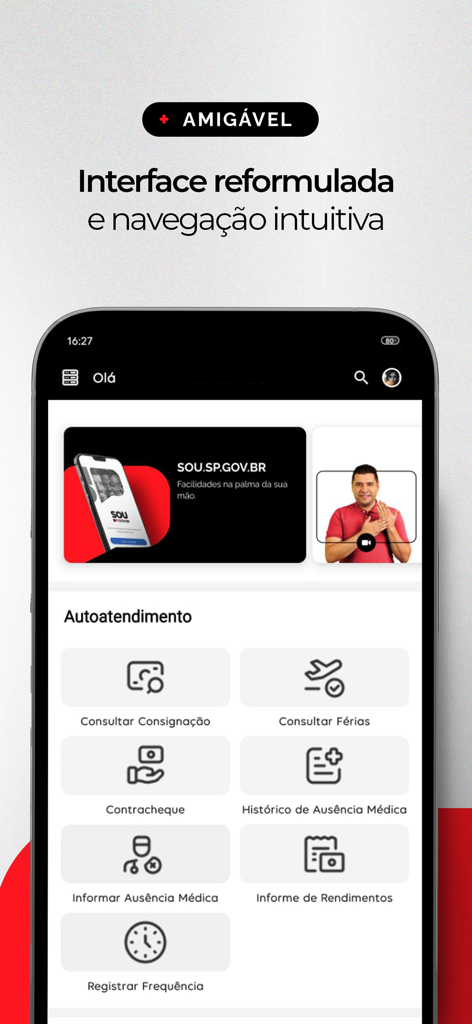 Pantalla de inicio de la aplicación SOU.SP.GOV.BR mostrando iconos de autoservicio para empleados del gobierno de São Paulo