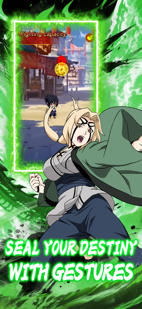 Shinobi Saga - A ninja character performing a powerful move in Shinobi Saga with the text Seal Your Destiny With Gestures.