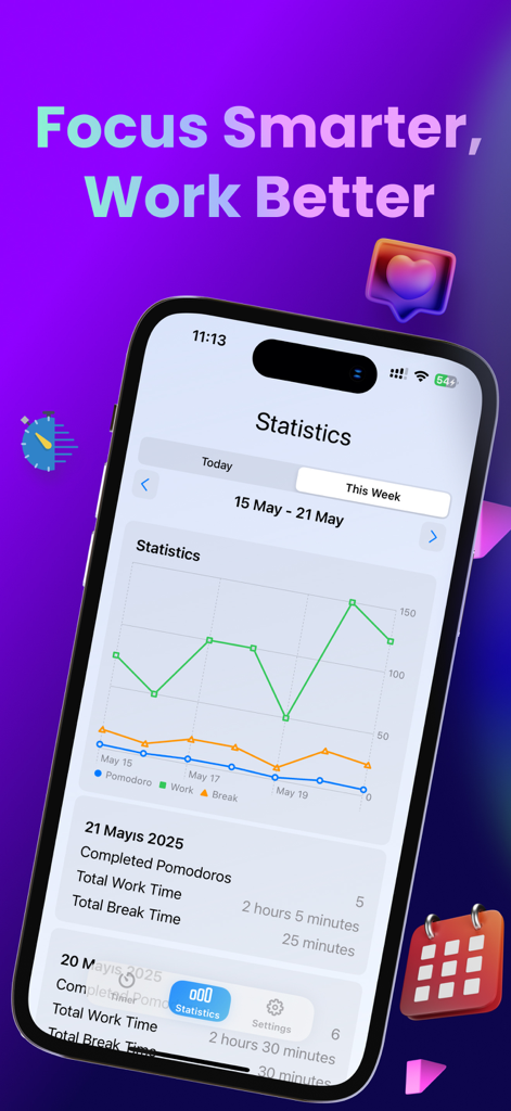 Easy Pomodoro - Pomodoro Timer - Gráfico de productividad semanal en la aplicación Easy Pomodoro que muestra estadísticas de tiempo de trabajo y descanso en un iPhone