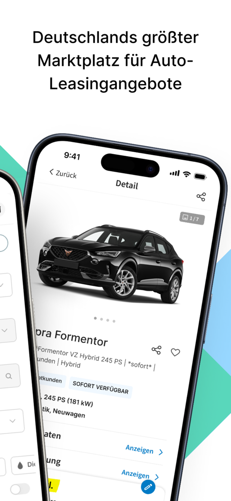Ein Smartphone, das ein Cupra Formentor Leasingangebot auf der LeasingMarkt.de App-Oberfläche anzeigt.