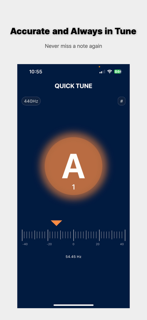 QUICK TUNE - GUITAR TUNER - Interface do aplicativo Quick Tune mostrando um afinador cromático preciso para violão com barra de afinação visual e nota Lá