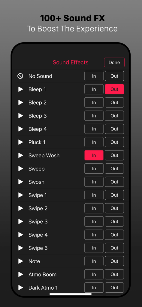 A list of over one hundred sound effects for video intros within the Freeze Frame movie maker app interface
