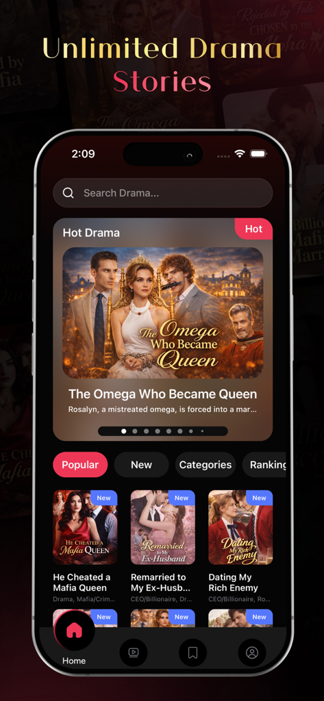 DramaShorts - Short Drama Hub - Interface do aplicativo DramaShorts mostrando uma coleção de séries de drama curtas incluindo A Ômega Que Se Tornou Rainha