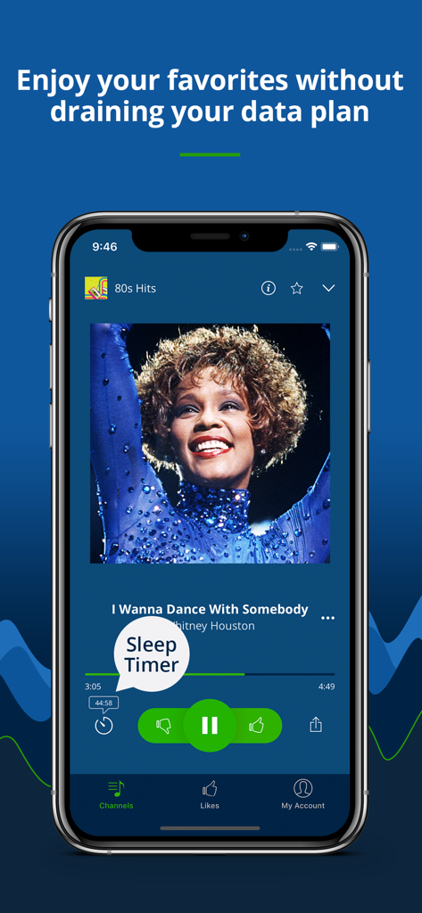 Radio Tunes - great music 24/7 - Radio Tunes app music player showing an 80s hits station and sleep timer feature
