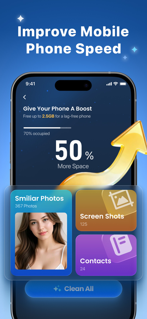 AI Cleaner - Photos&Videos - Interfaz de la aplicación AI Cleaner que muestra funciones para liberar un 50% más de espacio y mejorar la velocidad del teléfono limpiando fotos y capturas de pantalla similares.
