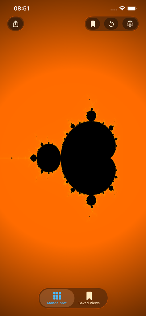 Mandel-Zoom - Mandel-Zoom app displaying a black Mandelbrot set fractal on a vibrant orange background