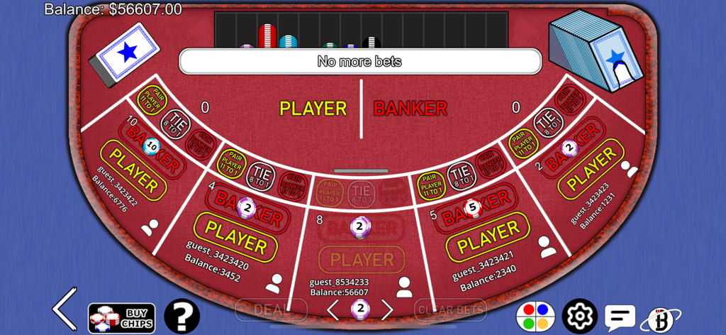 Baccarat Online - Live Casino - In-game screenshot of a Baccarat table showing multiplayer bets and no more bets status