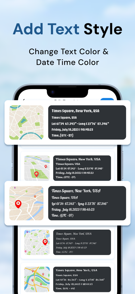 Interface montrant divers styles de texte et options de couleur pour les superpositions de localisation GPS et d'horodatage photo.