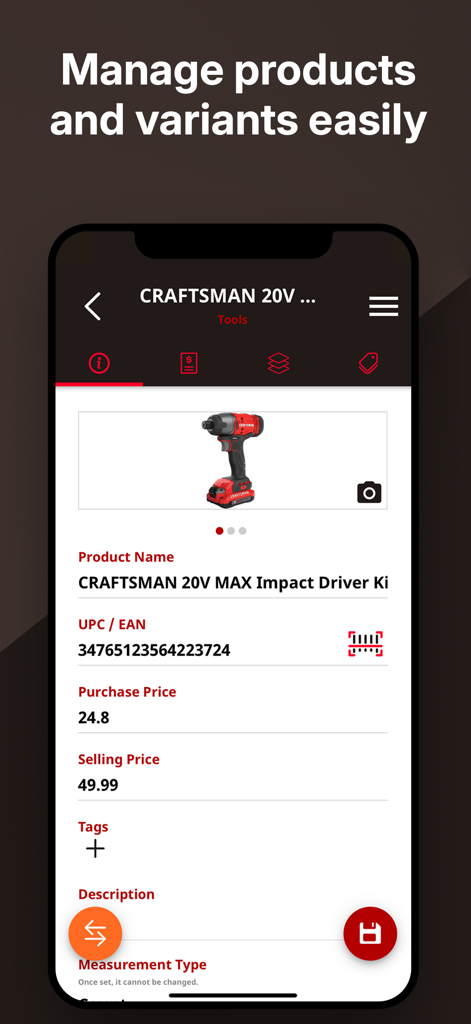 Telesto: Inventory Management - Telesto app interface showing product details including pricing and barcode for an impact driver