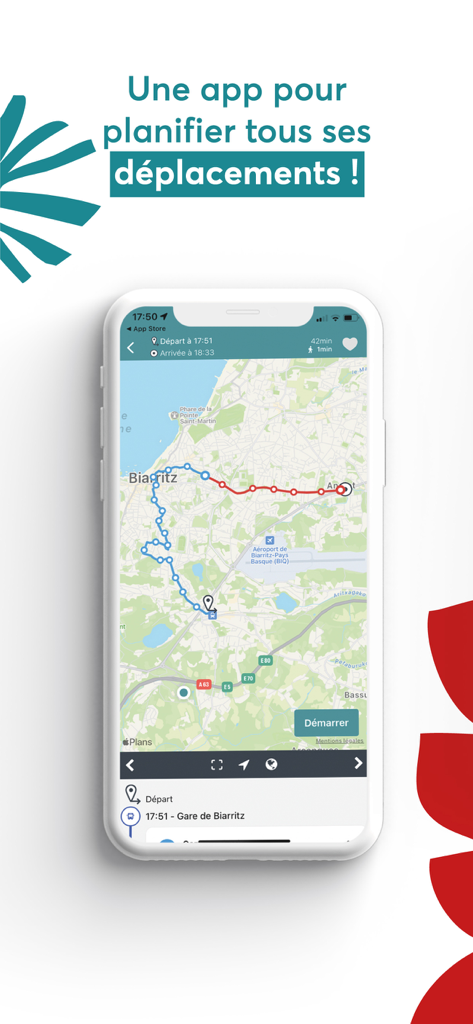 TXIK TXAK - Interface de l'application TXIK TXAK affichant un itinéraire de transport public sur une carte de Biarritz.