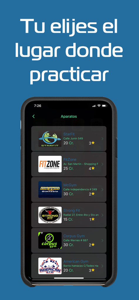 MultiGym - Smartphone displaying the MultiGym app with a list of available fitness centers and their locations