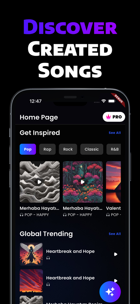 Suna - AI Song & Music Maker - Suna AI music app interface showing trending and community created songs