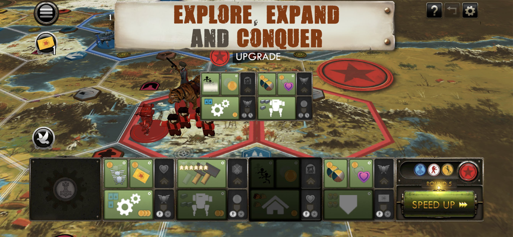 Escena de juego de Scythe Edición Digital que muestra el mapa hexagonal y el tablero de acciones del jugador.
