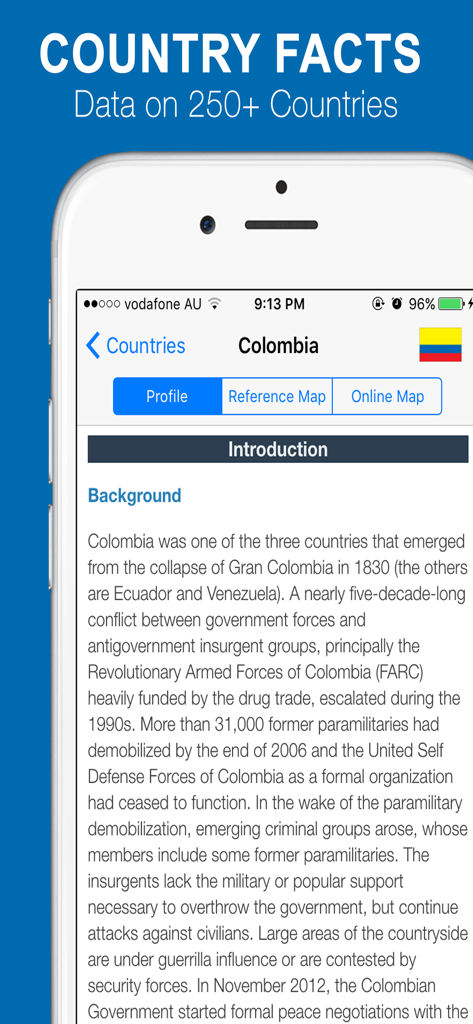 World Factbook plus app displaying country facts and background information for Colombia