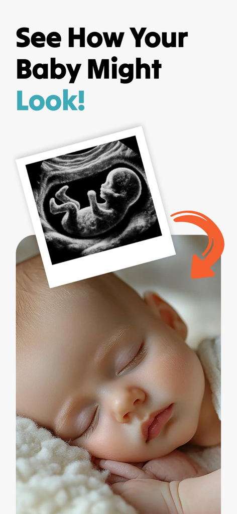 Un gráfico que muestra una imagen de ecografía 2D transformándose en una predicción realista generada por IA del rostro de un bebé.