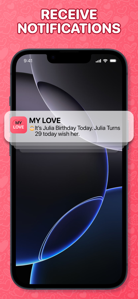 Smartphone screen showing a birthday reminder notification from the My Love dating tracker app.