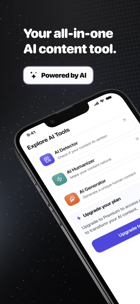 Pantalla de smartphone que muestra el menú de la aplicación Detector y Humanizador de IA con opciones para detectar y humanizar contenido