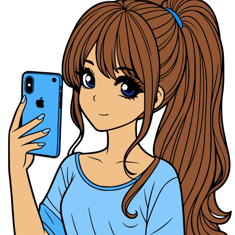 a realistic girl with a pony tail and a iphone