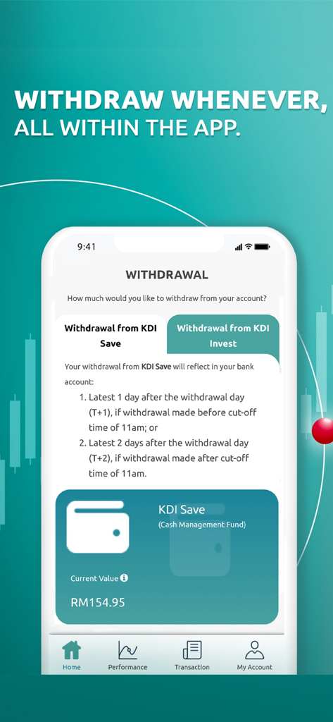 Kenanga Digital Investing - Kenanga Digital Investing app withdrawal interface showing cash management fund balance and withdrawal options