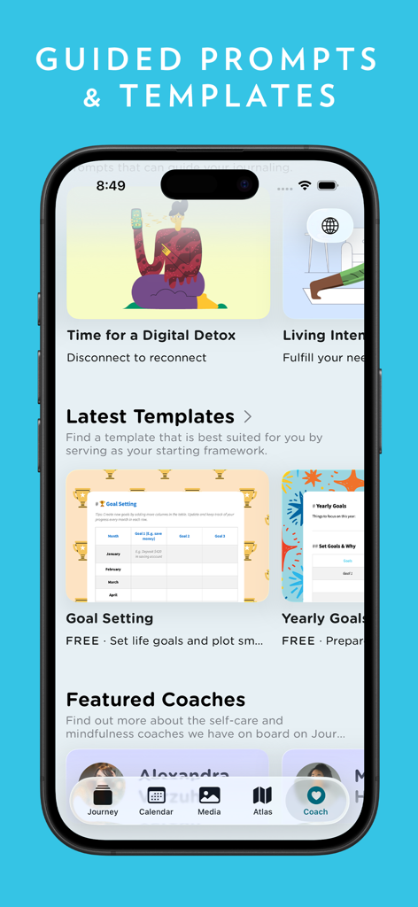 Journey - Diary, Journal - Captura de pantalla mostrando las indicaciones y plantillas guiadas de la aplicación Journey para el establecimiento de objetivos y la desintoxicación digital