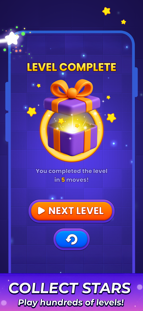Color Dots Connect - Level complete screen in Color Dots Connect with a purple gift box and next level button