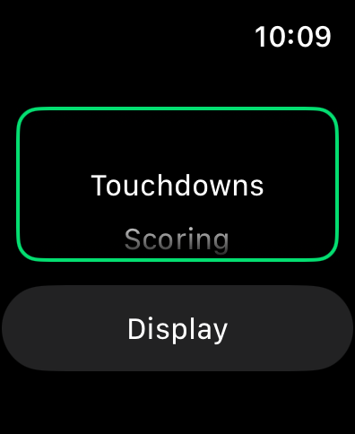 WatchNFLAllTime - Apple Watch interface showing the touchdowns scoring category selection for NFL all-time leaders