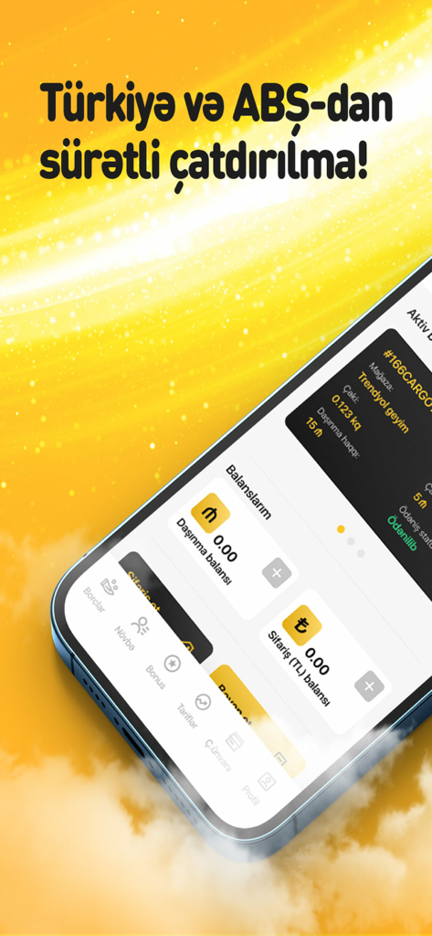 166Cargo mobile App-Oberfläche, die internationale Versanddienste aus der Türkei und den USA zeigt