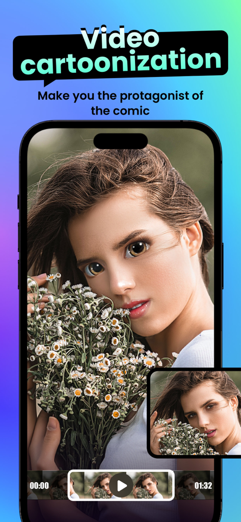 Interface of SnapMe app showcasing a video cartoonization effect on a womans face