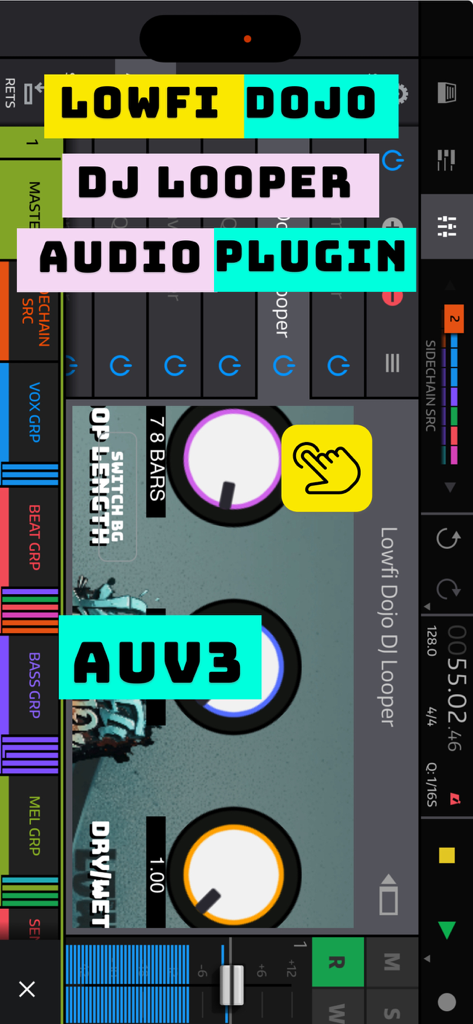 Lowfi Dojo DJ Looper AUv3 - Interfaz del plugin de producción musical Lowfi Dojo DJ Looper AUv3 con perillas de estilo vintage y controles de looping en un dispositivo móvil.