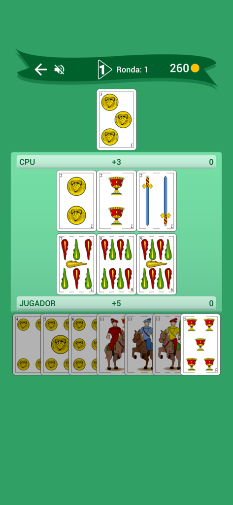 Chinchón: Card Game - Pantalla de juego del juego de cartas Chinchon con una interfaz de baraja española tradicional y modo jugador contra ordenador.