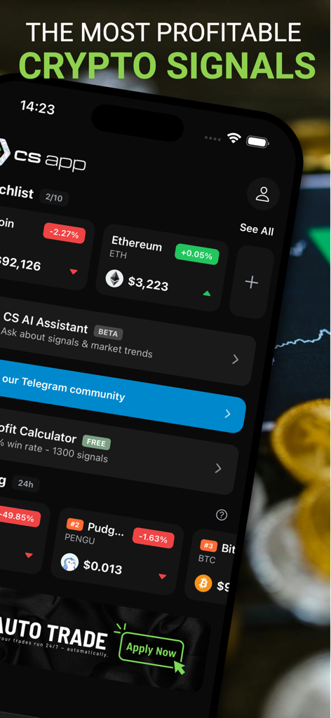 Crypto Signals & Trade Signals - Painel do aplicativo Crypto Signals mostrando preços de criptomoedas em tempo real e recursos de negociação de IA.