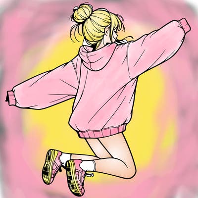 realistic girl jumping with a bun and oversized sweatshirt