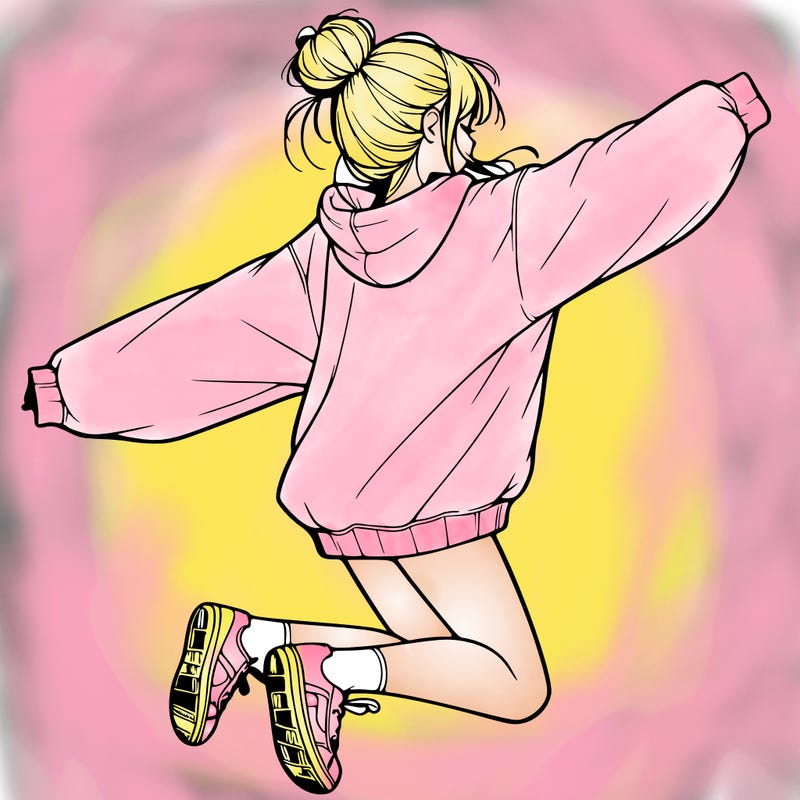 realistic girl jumping with a bun and oversized sweatshirt