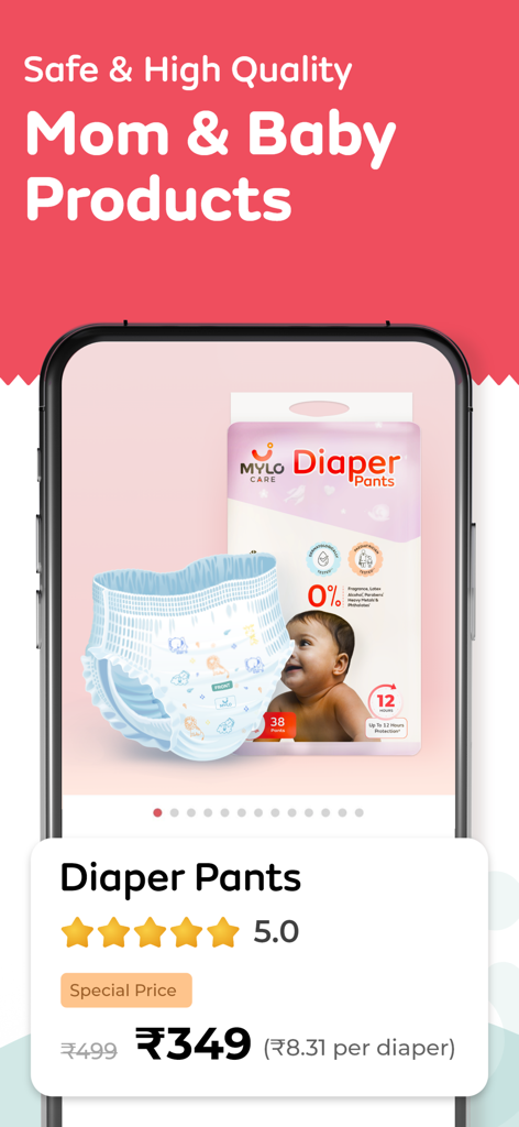 Mylo Pregnancy & Parenting App - Eine Produktseite in der Mylo App mit Windelhöschen mit Fünf-Sterne-Bewertung und Sonderpreisen.