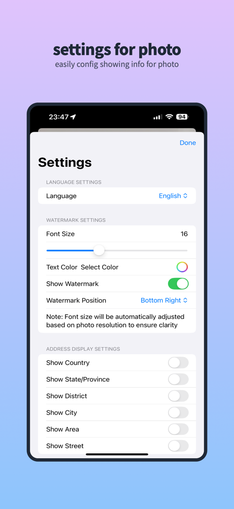 TPW Camera - TPW Camera settings screen showing watermark and address display configuration options.
