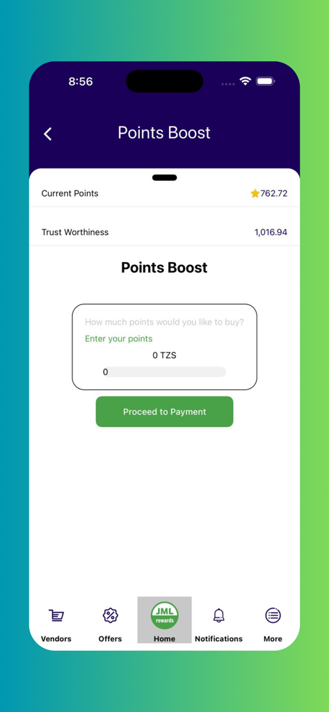The Points Boost screen of the JML Rewards app displaying current points and a payment button for purchasing additional points.
