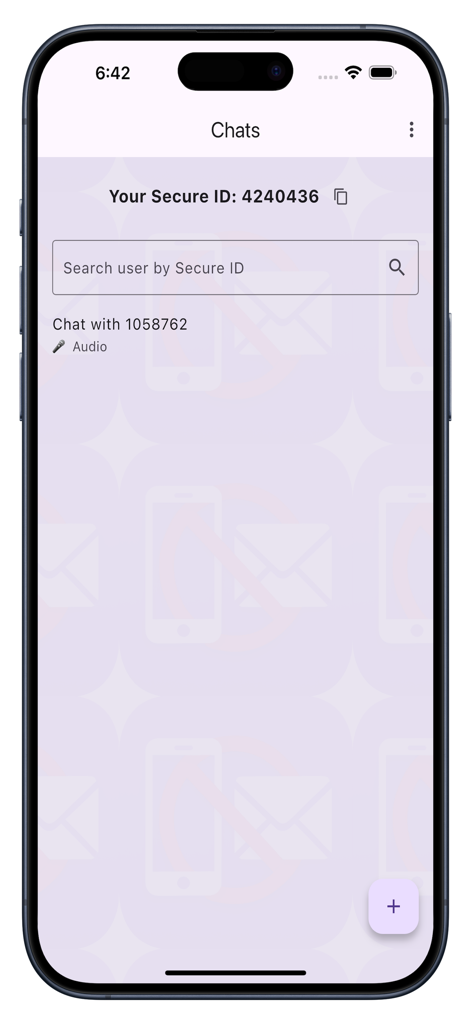 NoPhone NoEmail - Interface of the NoPhone NoEmail app showing the chats list and a unique secure ID for anonymous communication.