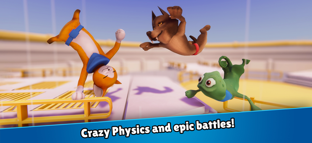 Animales de dibujos animados en una arena de batalla tambaleante basada en la física con texto de juego