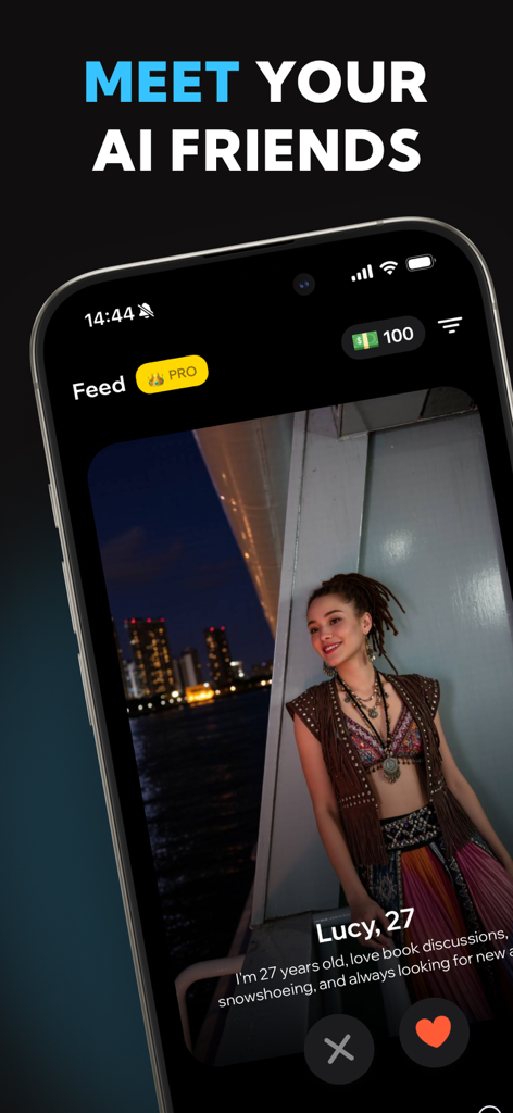 A smartphone display showing the Character AI app feed with an AI companion profile named Lucy and dating app style interaction buttons.