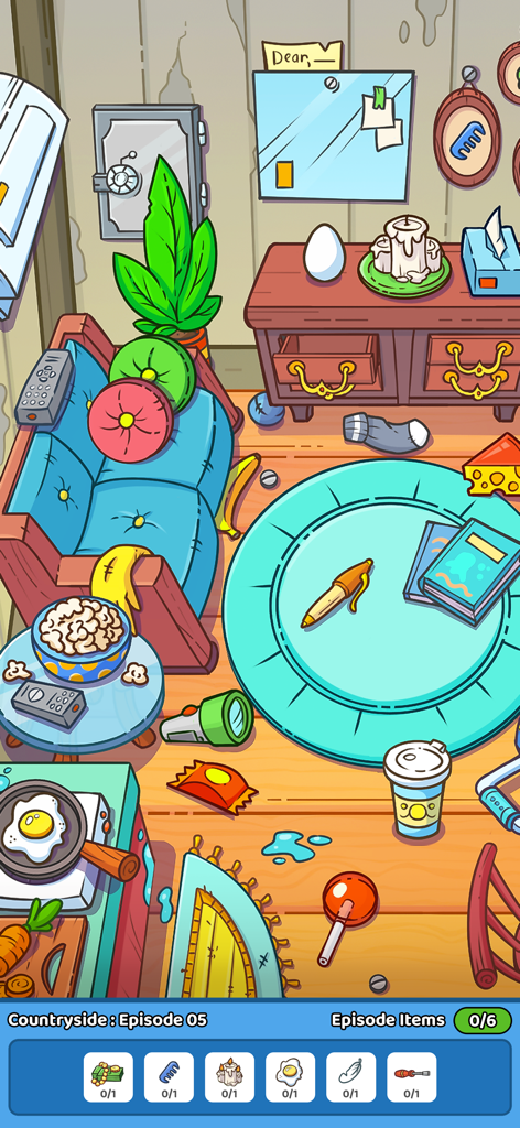 Found It! Hidden Object Game - Pantalla de juego de objetos ocultos de dibujos animados que muestra una habitación desordenada con elementos para buscar en la parte inferior.