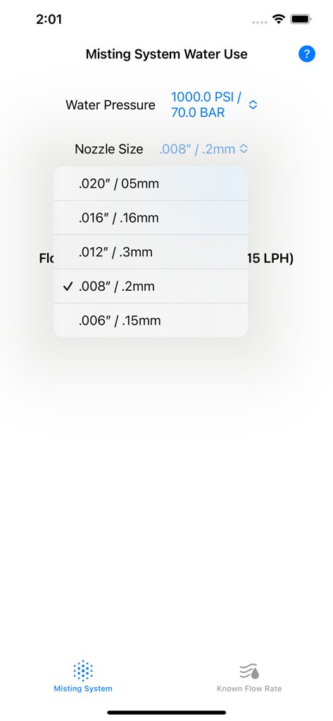 Misting app interface showing nozzle size options and water pressure settings