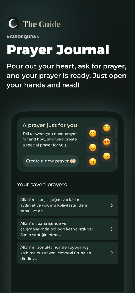 The Guide: Quran Companion - Uma captura de tela do The Guide app mostrando o recurso Diário de Oração com opções para criar orações personalizadas com base nas necessidades emocionais.