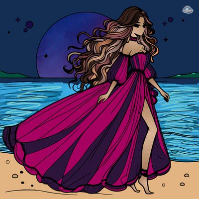 beautiful woman with a vaporous long dress walking on the beach at the noon, detailed art