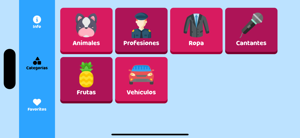 Pantalla de categorías de la app Adivina Qué mostrando opciones como animales y profesiones en español