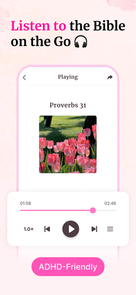 Bible For Women. - Interface of the Bible For Women app showing an audio player for Proverbs 31 with a pink aesthetic and ADHD friendly label