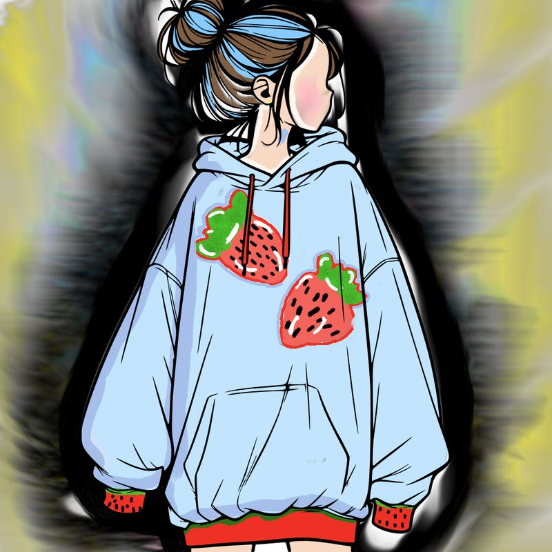 realistic girl with a oversized sweatshirt on and a bun