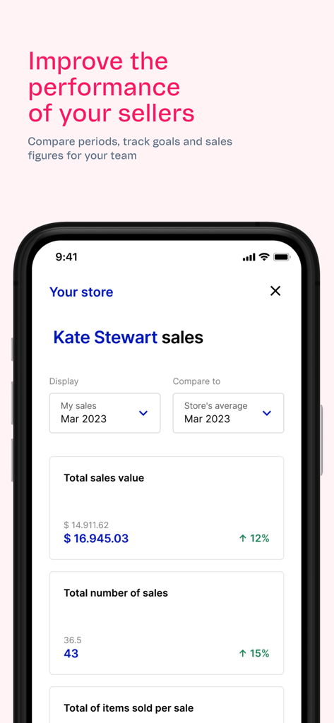 VTEX Sales App - Uma tela móvel mostrando métricas individuais de desempenho de vendas e comparações no VTEX Sales App