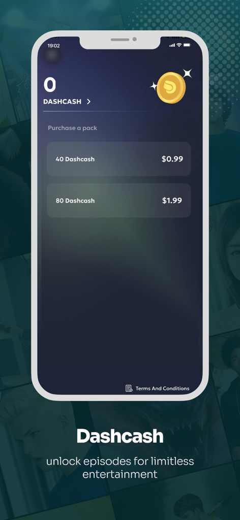 Dashtoon in-app store displaying Dashcash coin purchase options for unlocking manga episodes.