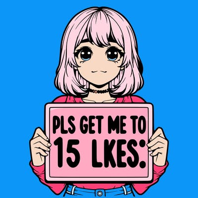 realistic girl holding up a sign that says “pls get me to 15 likes!”