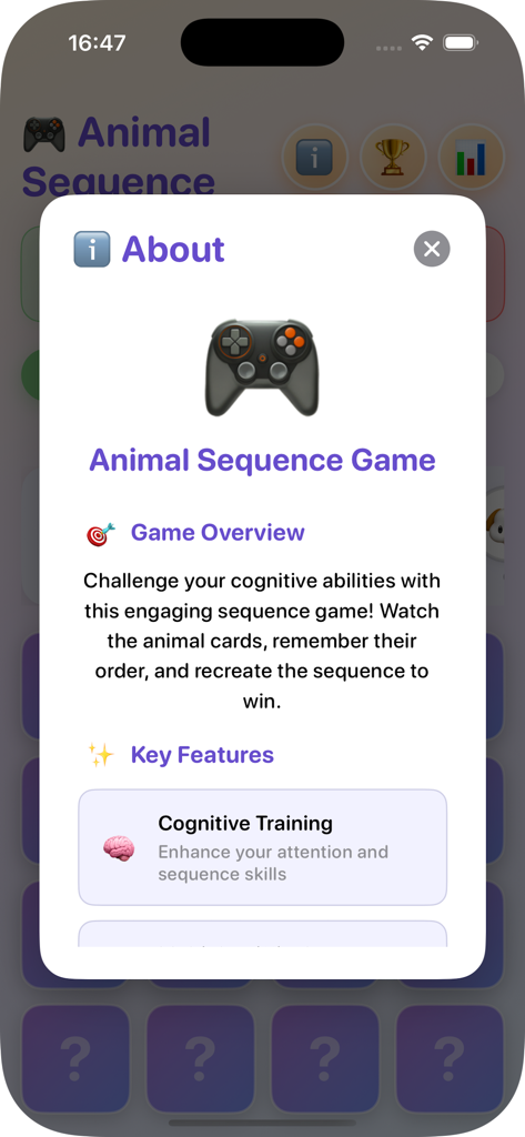 La schermata Informazioni dell'app Mausaimae che visualizza una panoramica del gioco e i benefici dell'allenamento cognitivo per il Gioco di Sequenze Animali.